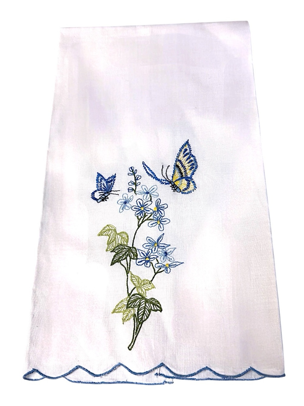 60’s White & Blue Hand-Embroidered Butterflies & Floral Tea Towel NEW